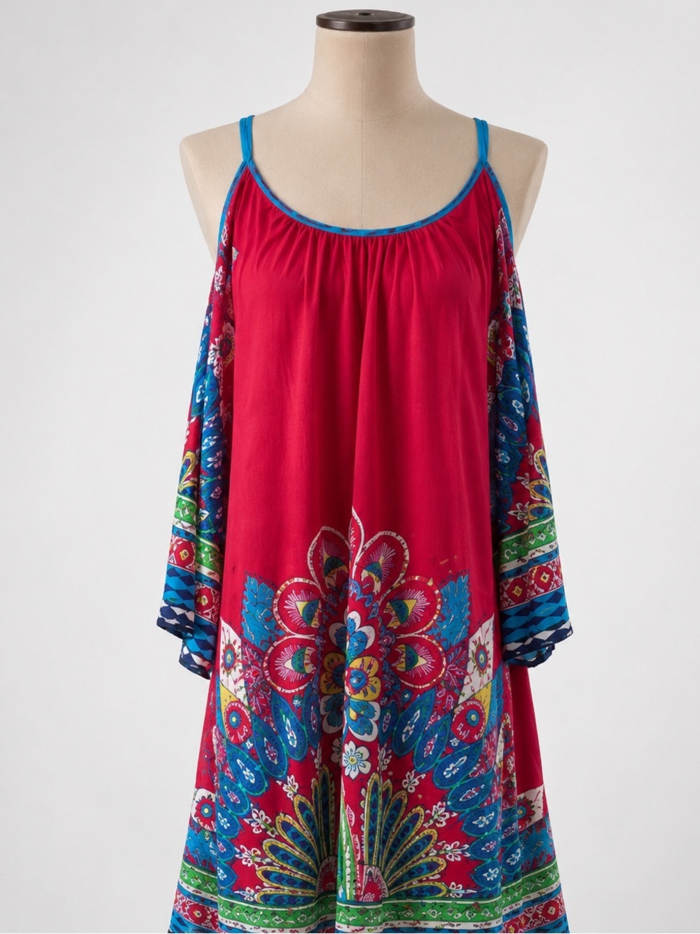 Flying Tomato Dress M Cold Shoulder Boho Festival Bright Multicolor Rayon